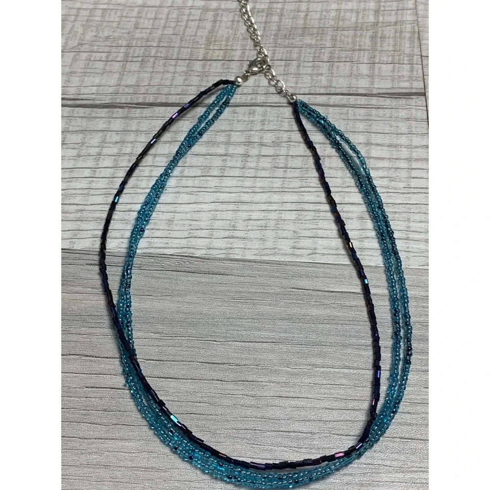 Turquoise Blue and Iridescent Purple Multistrand Seed Bead Necklace 16 Inch